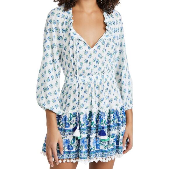 REVOLVE Playa Lucila Printed Mini Dress Floral Ruffle Tiered Long Sleeve White - Picture 1 of 16